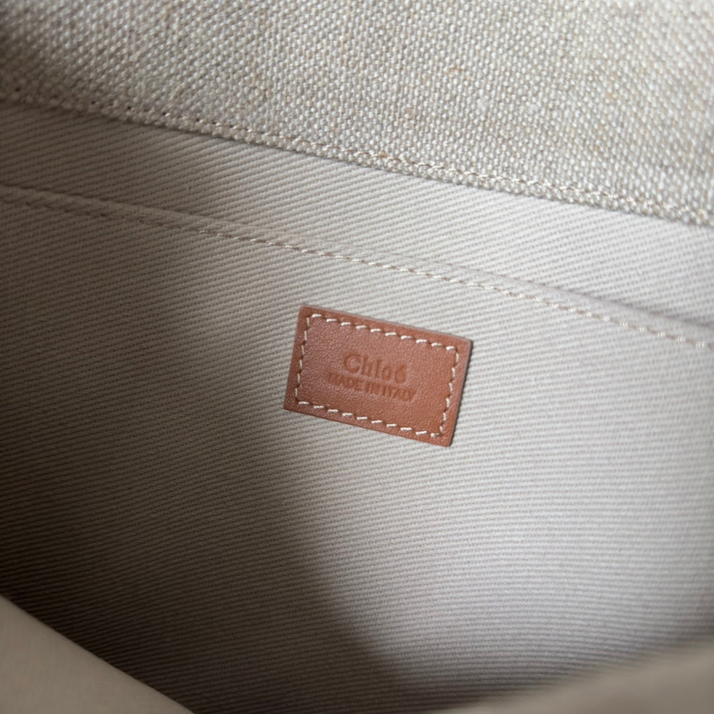 MEDIUM WOODY TOTE BAG 37 IN BEIGE LINEN CANVAS WEBBING LOGO EMBROIDERY BROWN CALFSKIN