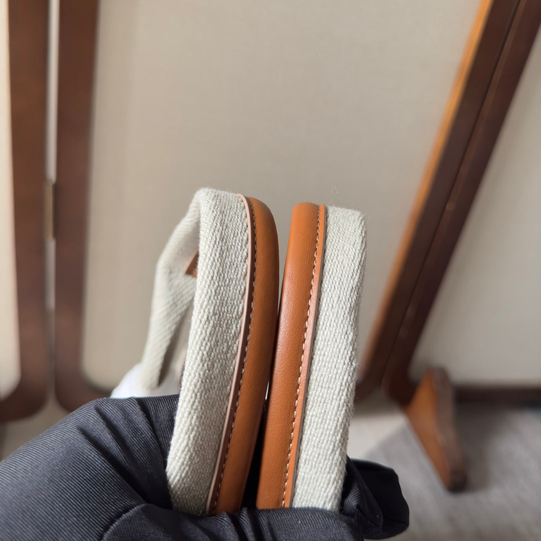 MEDIUM WOODY TOTE BAG 37 IN BEIGE LINEN CANVAS WEBBING LOGO EMBROIDERY BROWN CALFSKIN