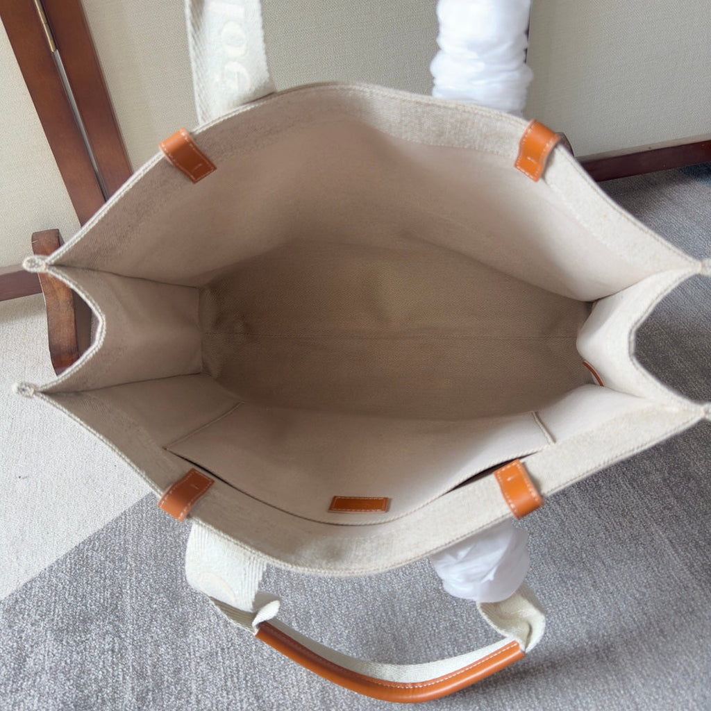 LAGRE WOODY TOTE BAG 45 IN BEIGE LINEN CANVAS WEBBING LOGO EMBROIDERY BROWN CALFSKIN