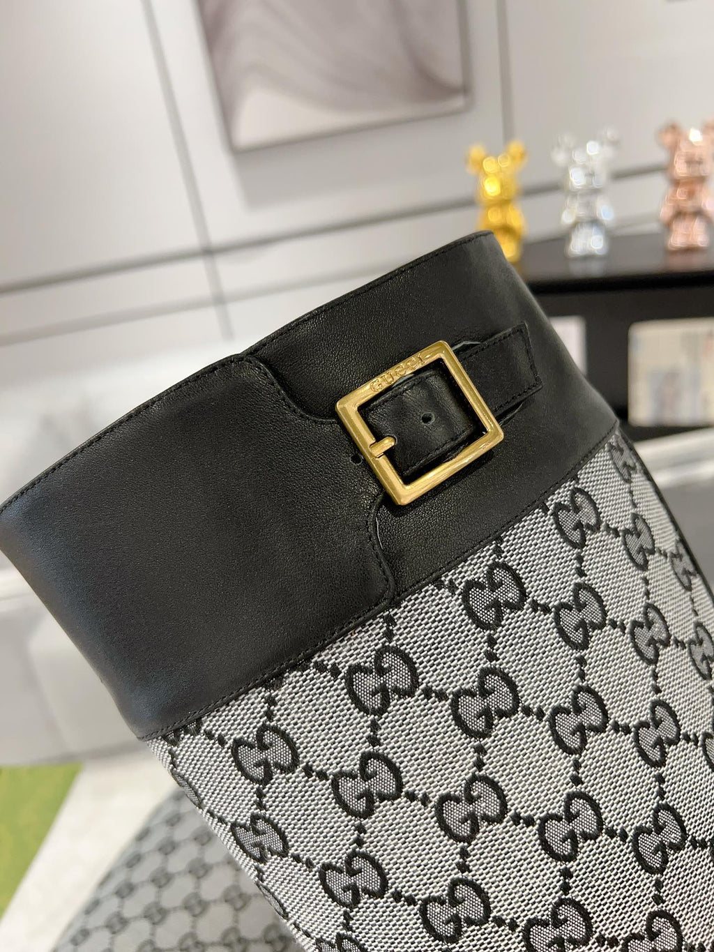 GG KNEE BOOTS IN LIGHT GRAY MONOGRAM CANVAS AND BLACK GLOSSY SHEEPSKIN