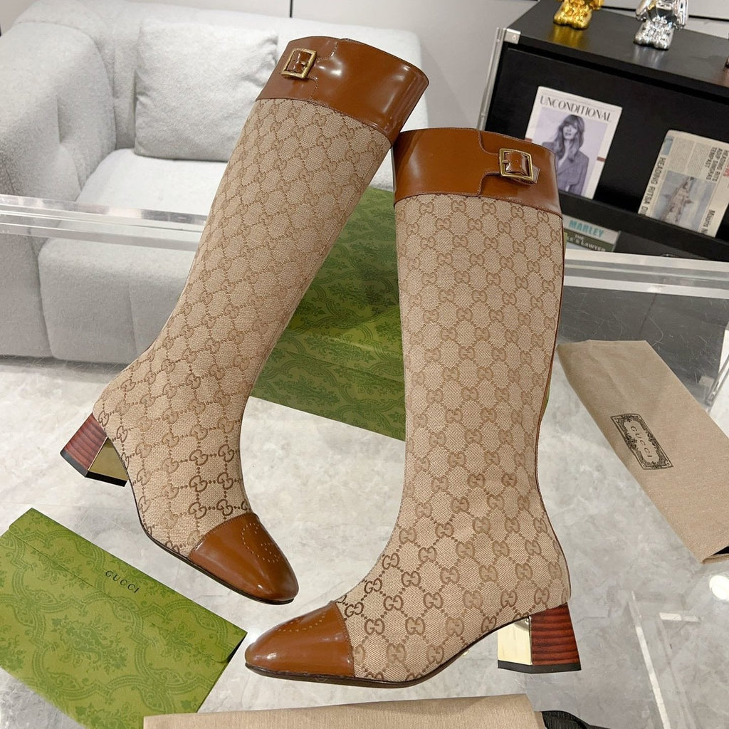 GG KNEE BOOTS IN BRONZE BROWN MONOGRAM CANVAS AND GLOSSY SHEEPSKIN