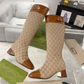 GG KNEE BOOTS IN BRONZE BROWN MONOGRAM CANVAS AND GLOSSY SHEEPSKIN
