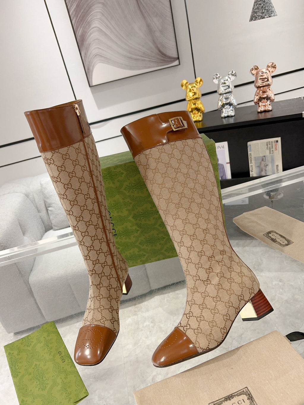 GG KNEE BOOTS IN BRONZE BROWN MONOGRAM CANVAS AND GLOSSY SHEEPSKIN