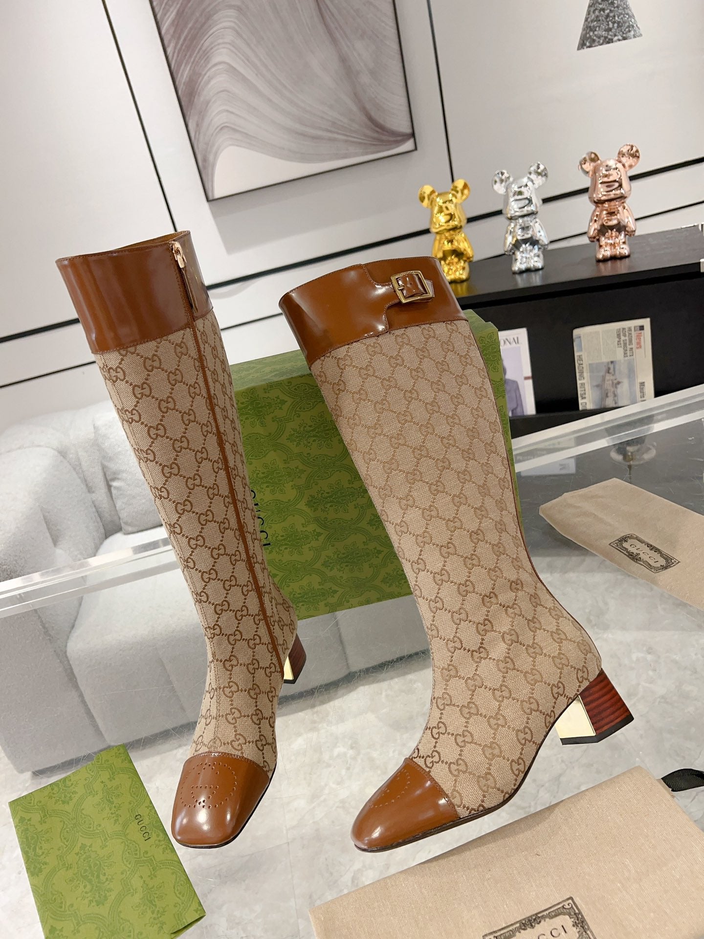 GG KNEE BOOTS IN BRONZE BROWN MONOGRAM CANVAS AND GLOSSY SHEEPSKIN