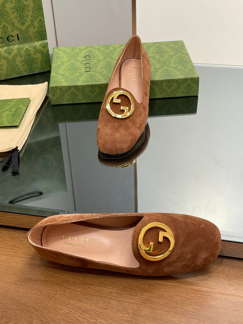 BLONDIE LOGO-PLAQUE LOAFERS IN BRONZE BROWN SUEDE WITH GOLD HARDWARE