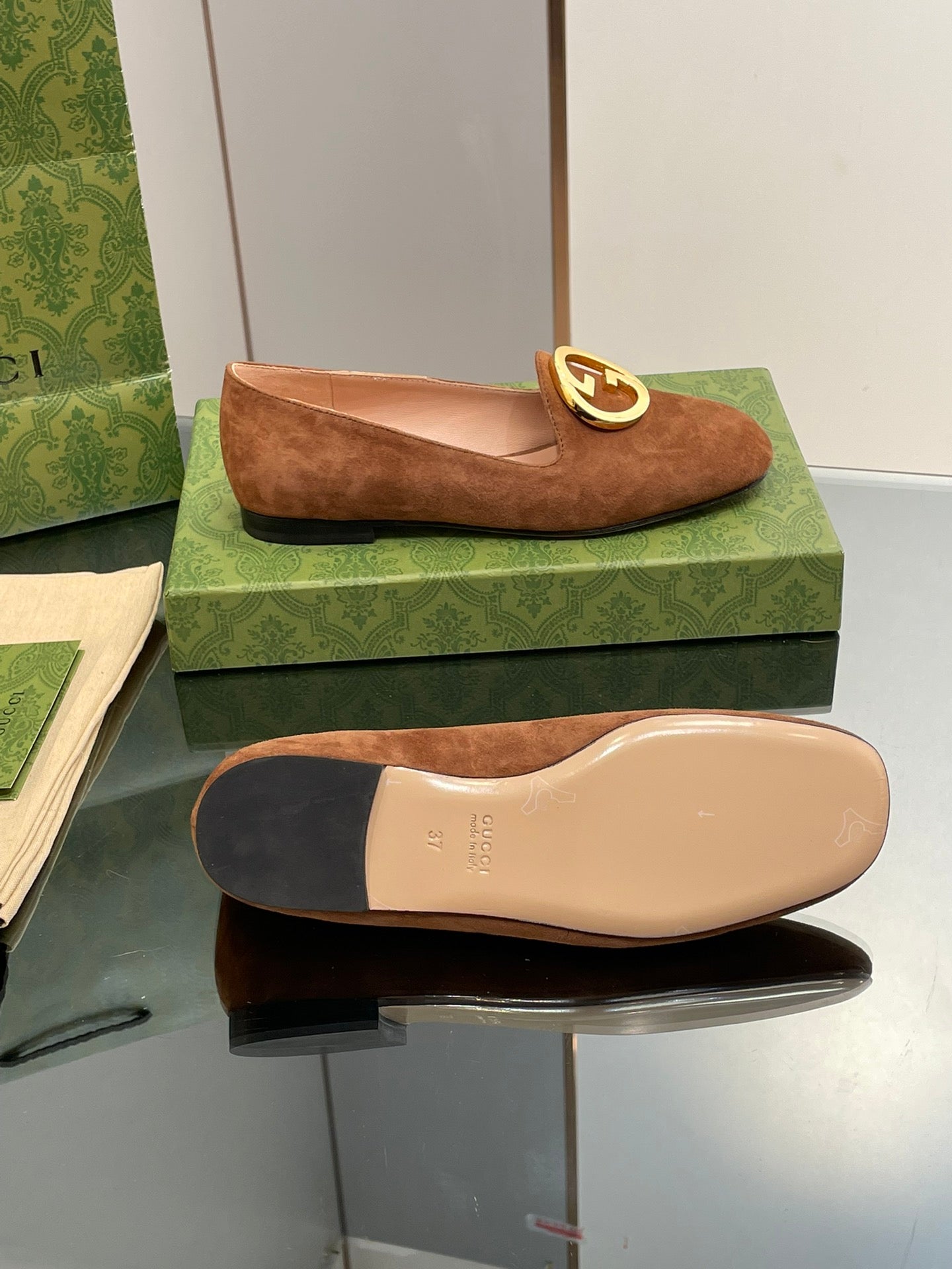 BLONDIE LOGO-PLAQUE LOAFERS IN BRONZE BROWN SUEDE WITH GOLD HARDWARE