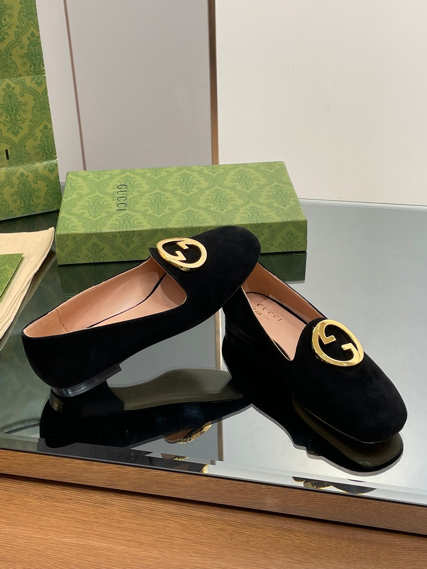 BLONDIE LOGO-PLAQUE LOAFERS IN BLACK SUEDE WITH GOLD HARDWARE