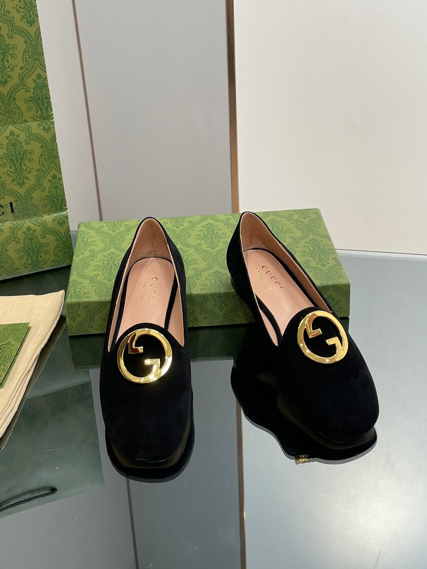 BLONDIE LOGO-PLAQUE LOAFERS IN BLACK SUEDE WITH GOLD HARDWARE
