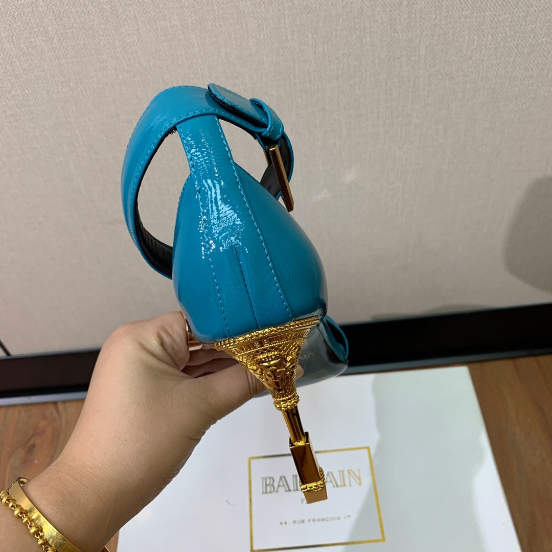 BALMAIN 25S SQUARE STRAP HIGH HEELS 100MM IN BLUE PATENT CALFSKIN