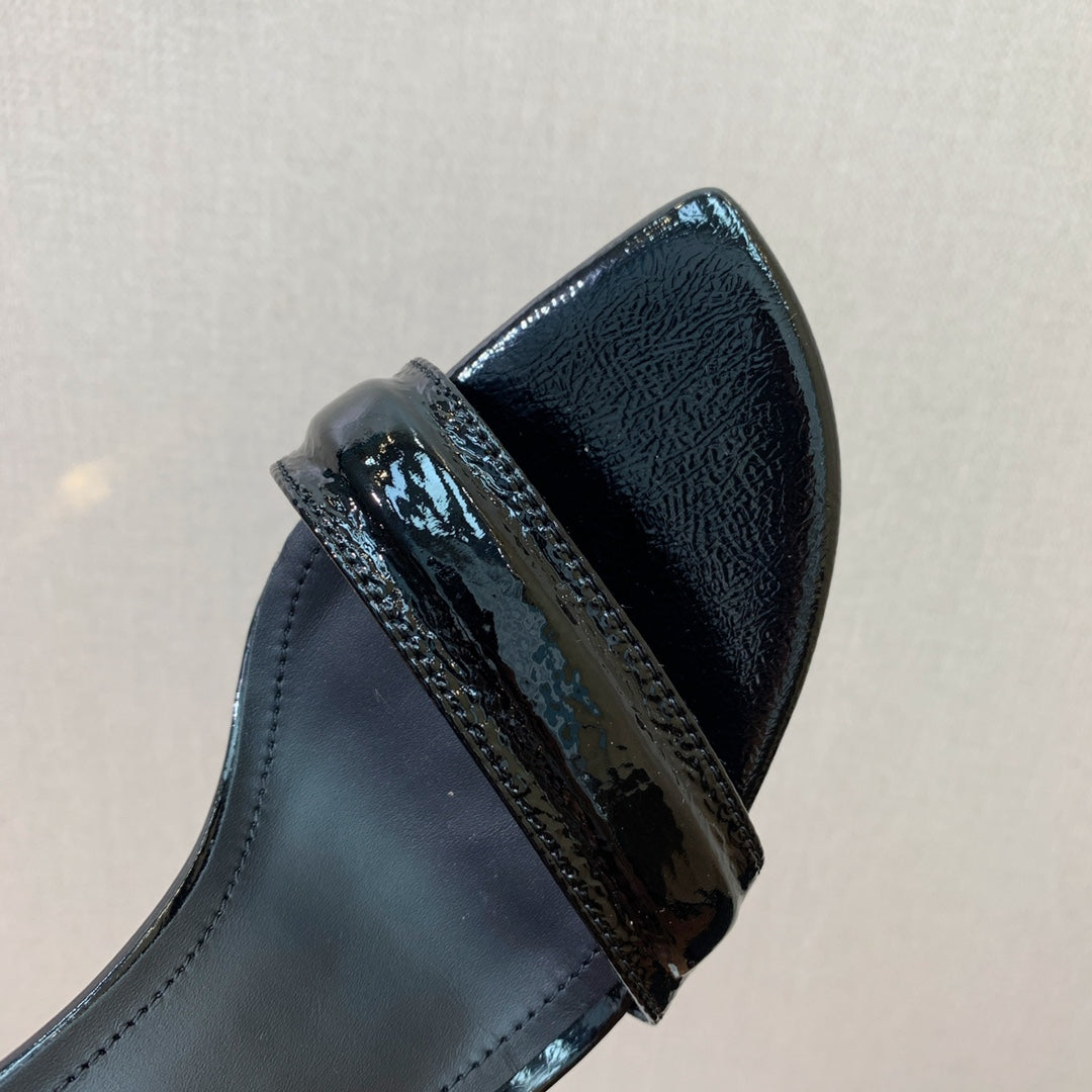 BALMAIN 25S SQUARE STRAP HIGH HEELS 100MM IN BLACK PATENT CALFSKIN