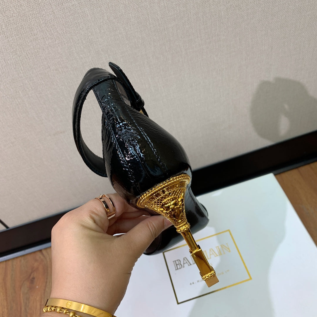 BALMAIN 25S SQUARE STRAP HIGH HEELS 100MM IN BLACK PATENT CALFSKIN