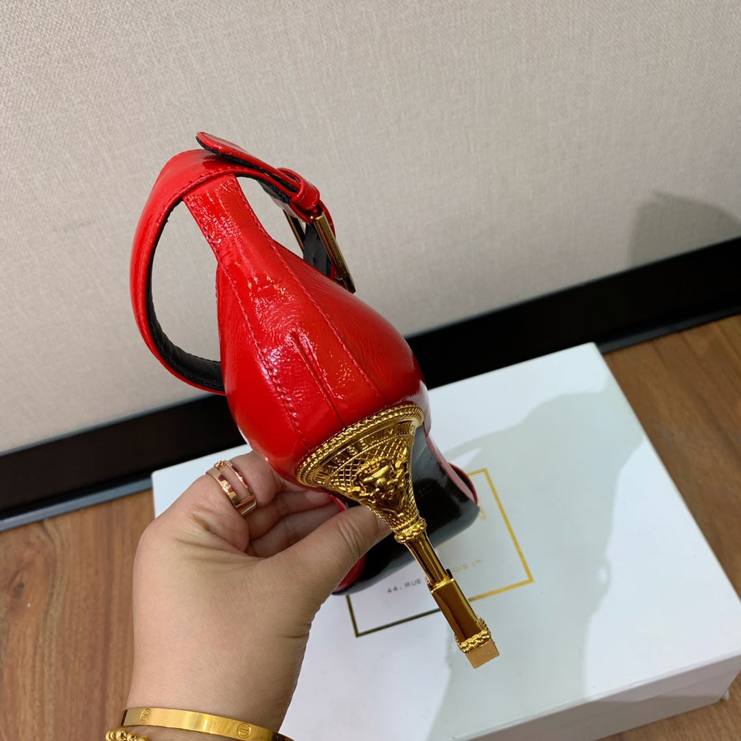 BALMAIN 25S SQUARE STRAP HIGH HEELS 100MM IN RED PATENT CALFSKIN