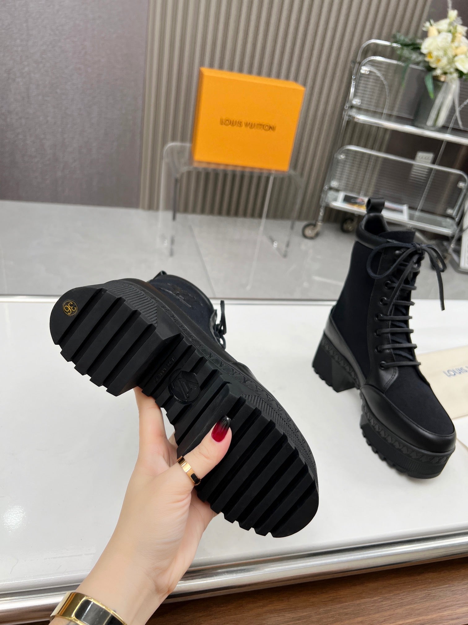 LAUREATE PLATFORM DESERT BOOT IN BLACK JACQUARD AND CALFSKIN