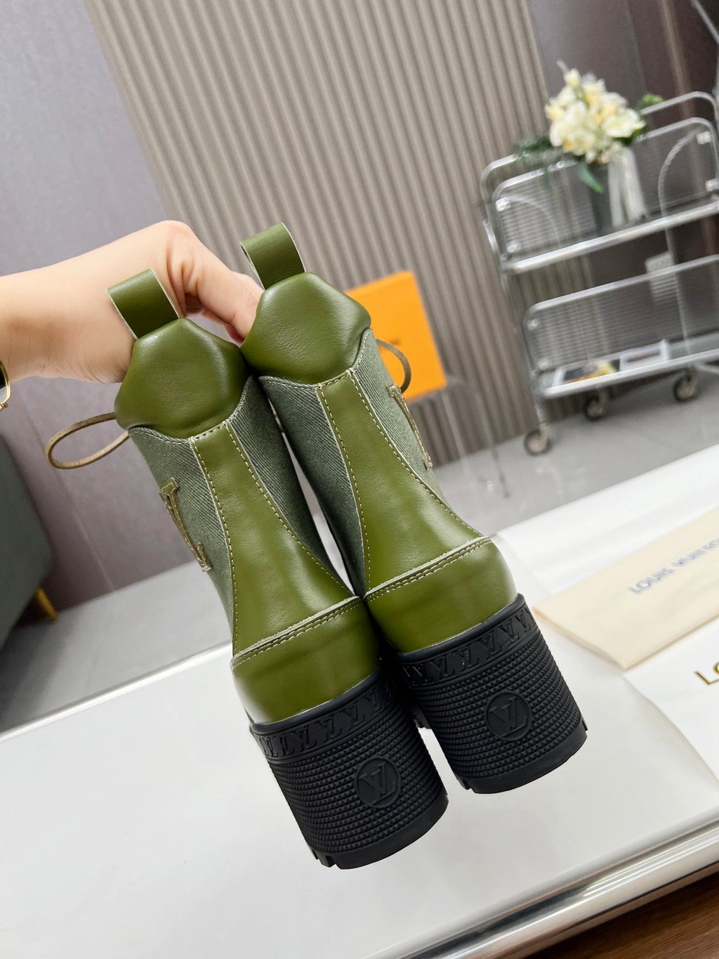 LAUREATE PLATFORM DESERT BOOT IN DARK OLIVE GREEN JACQUARD AND CALFSKIN