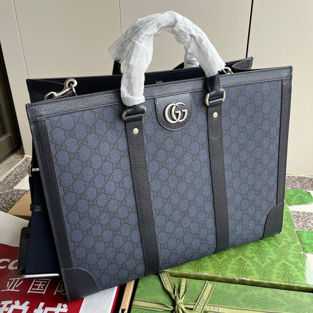 OPHIDIA LARGE TOTE BAG 43 IN DARK BLUE AND BLACK GG CALFSKIN