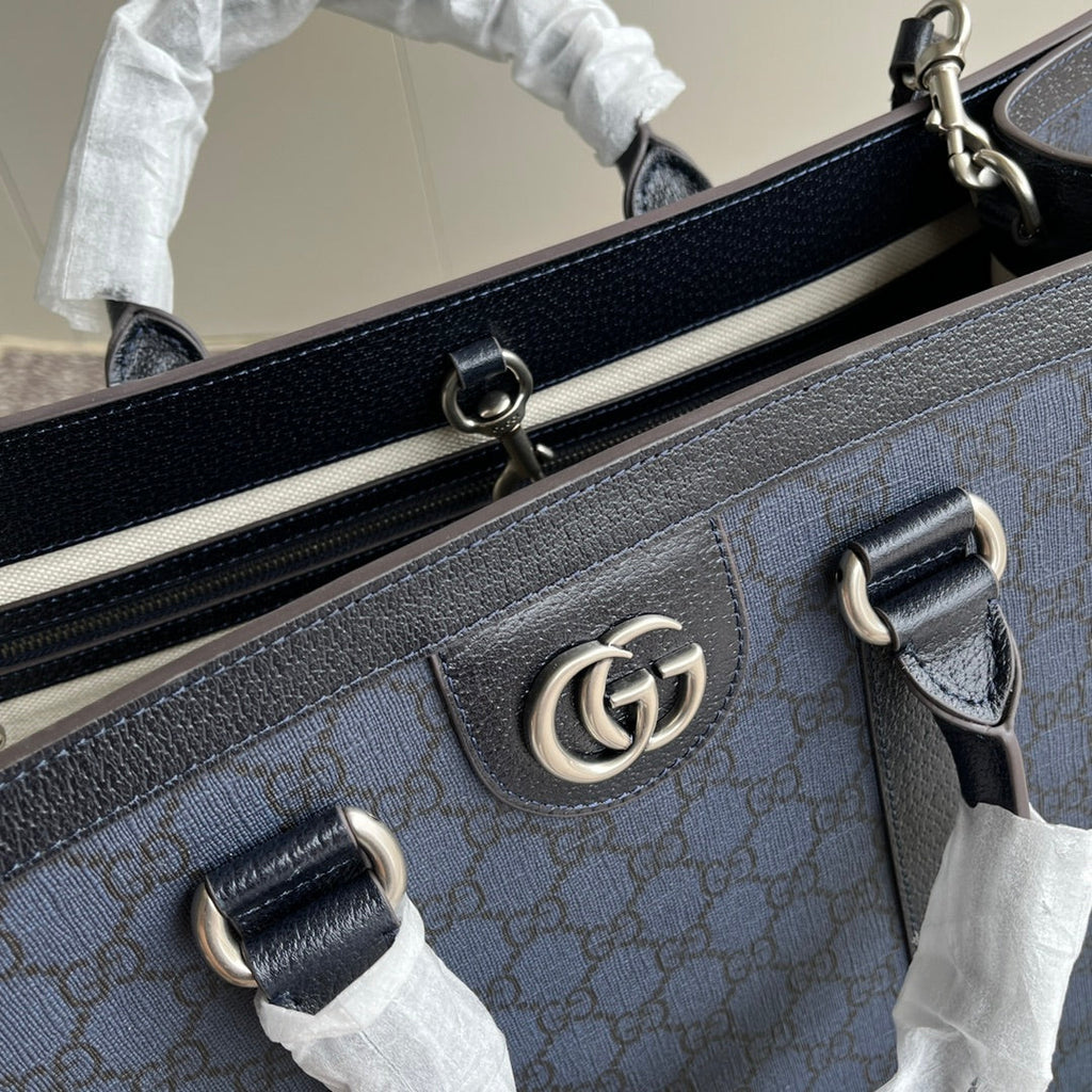OPHIDIA LARGE TOTE BAG 43 IN DARK BLUE AND BLACK GG CALFSKIN