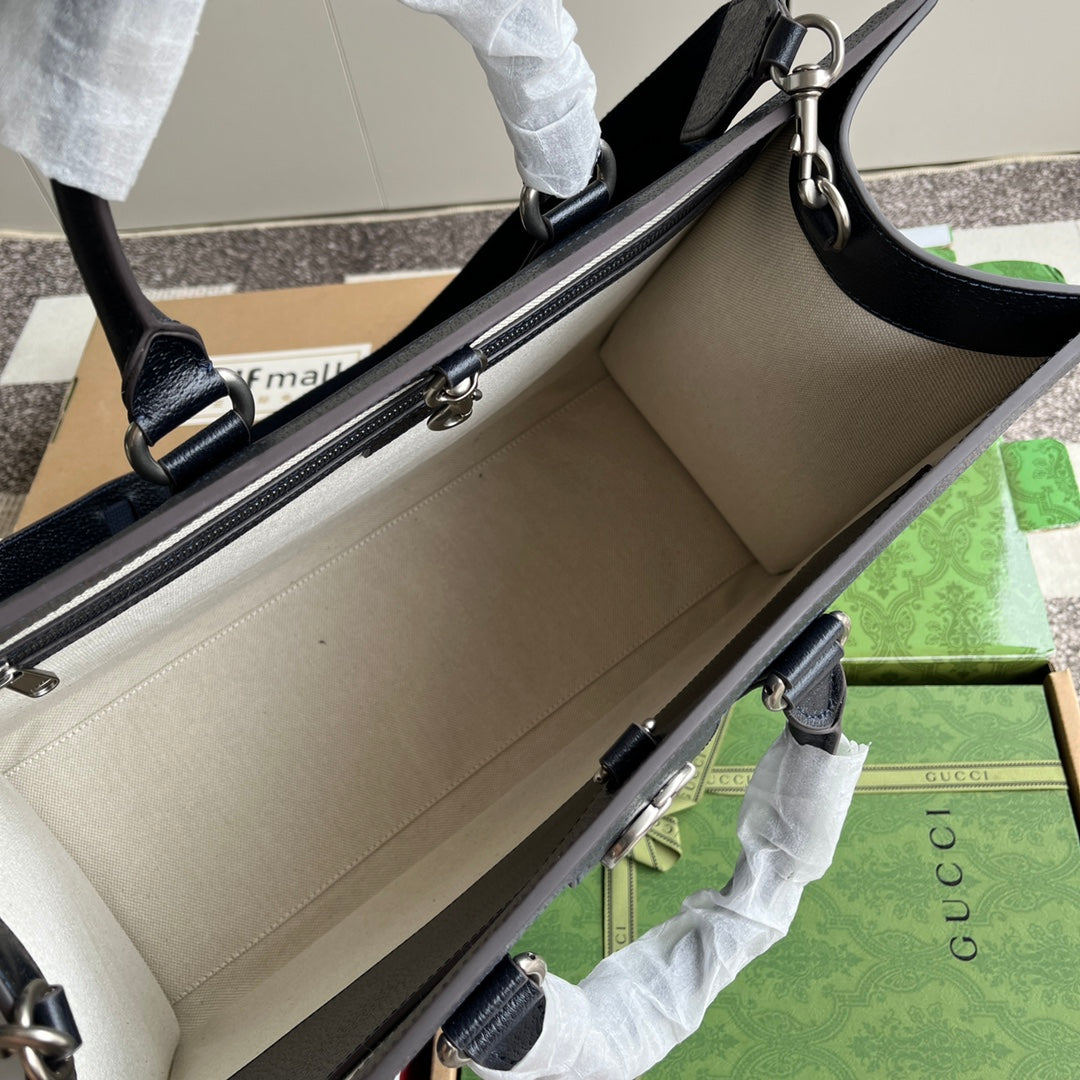 OPHIDIA LARGE TOTE BAG 43 IN DARK BLUE AND BLACK GG CALFSKIN