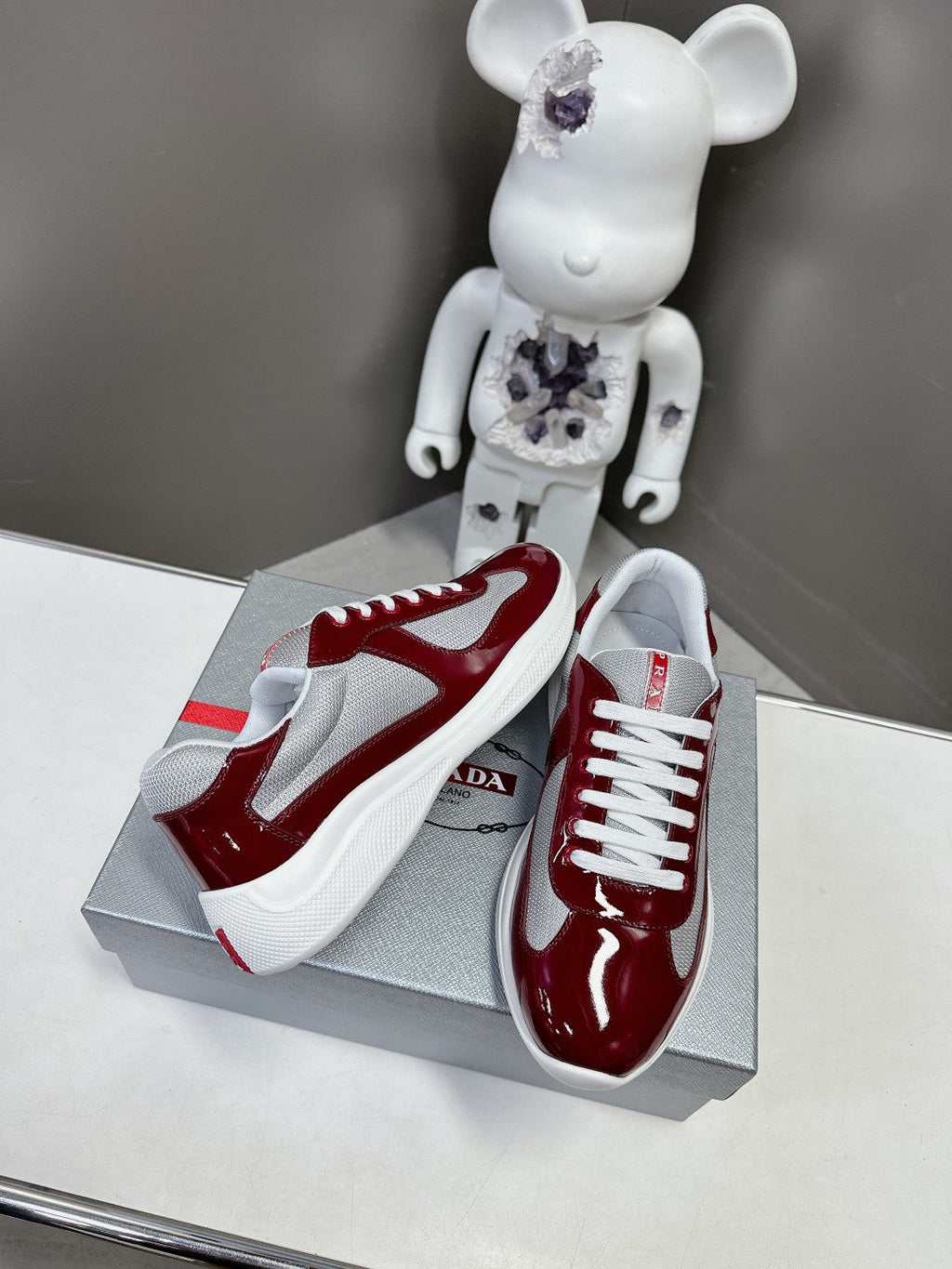 PRADA SNEAKERS IN BURDUNDY RED CALFSKIN AND MESH