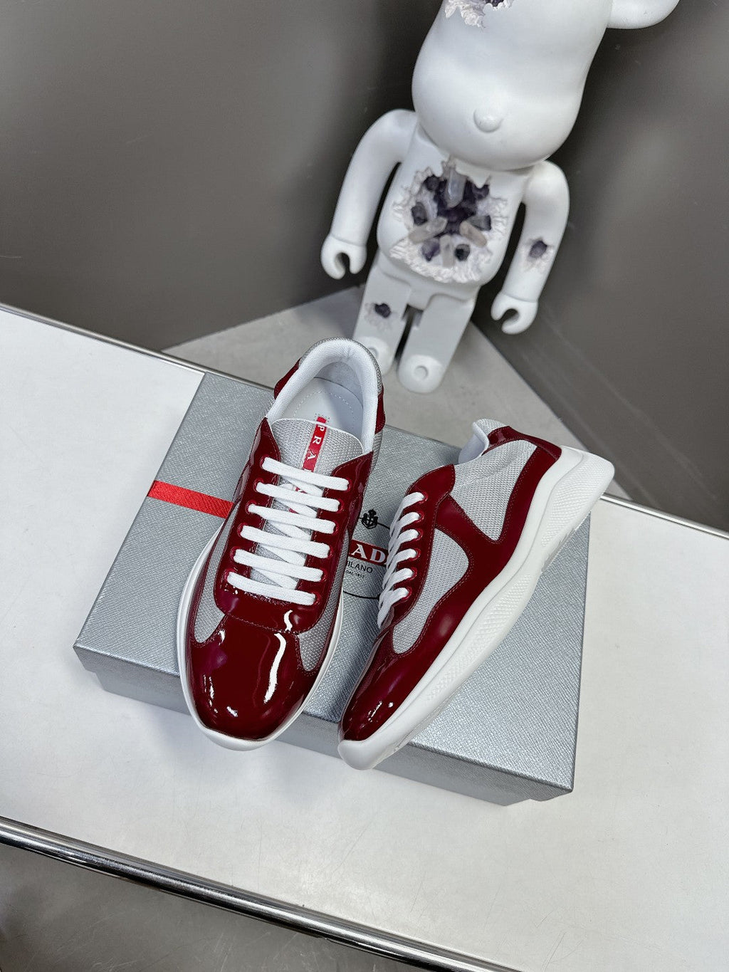 PRADA SNEAKERS IN BURDUNDY RED CALFSKIN AND MESH