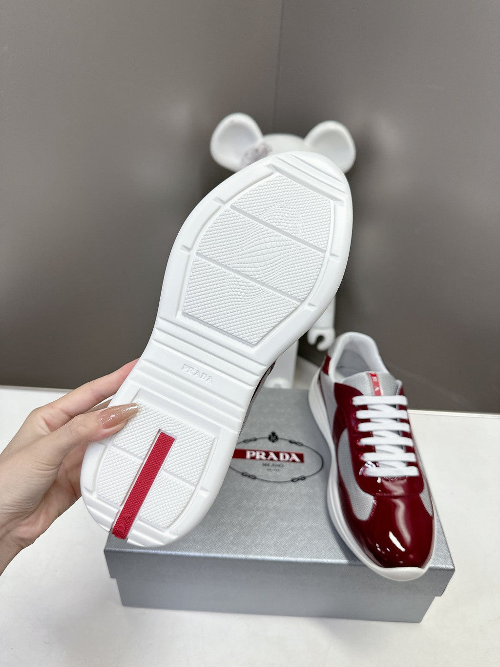 PRADA SNEAKERS IN BURDUNDY RED CALFSKIN AND MESH