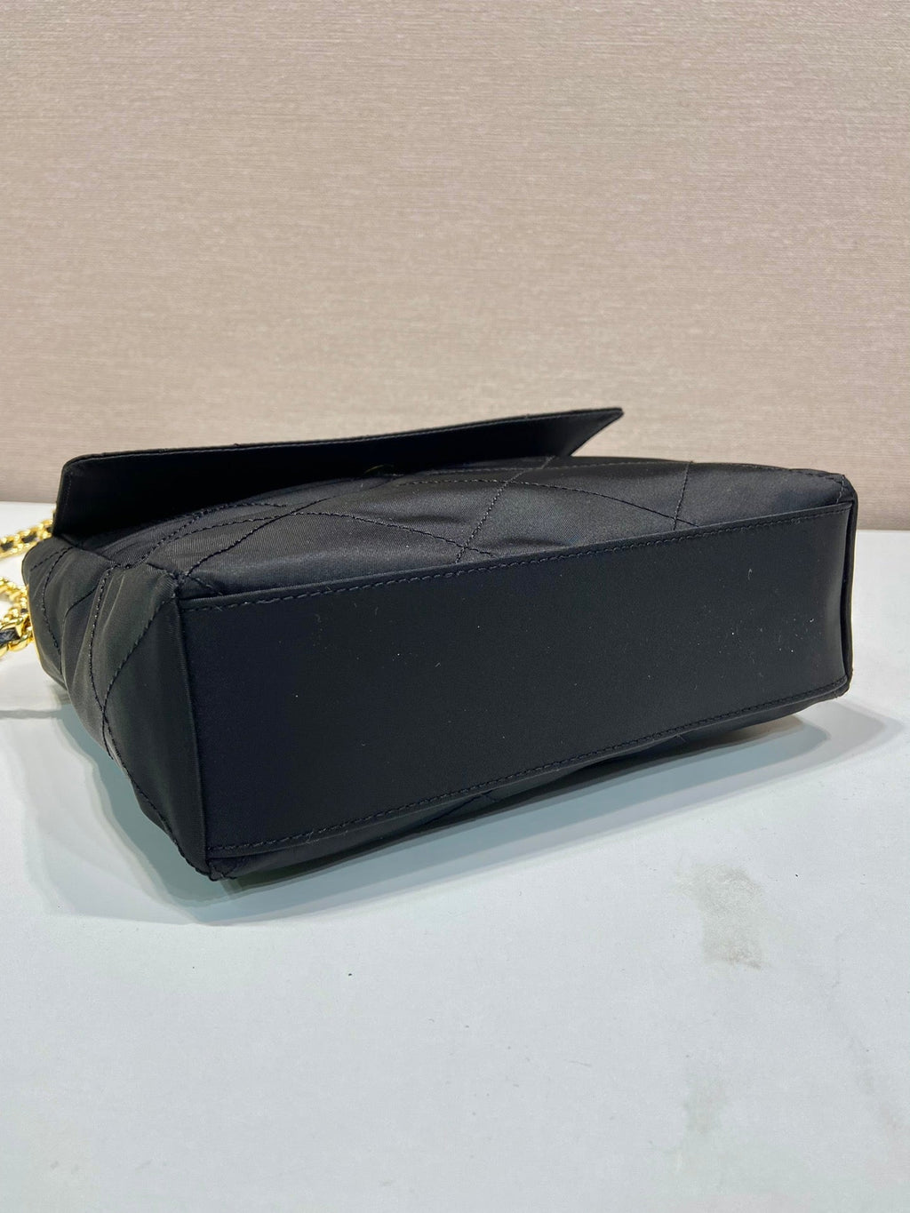 LARGE QUILTED FLAP BAG 23 IN BLACK RE-NYLON FABRIC GOLD CHAIN