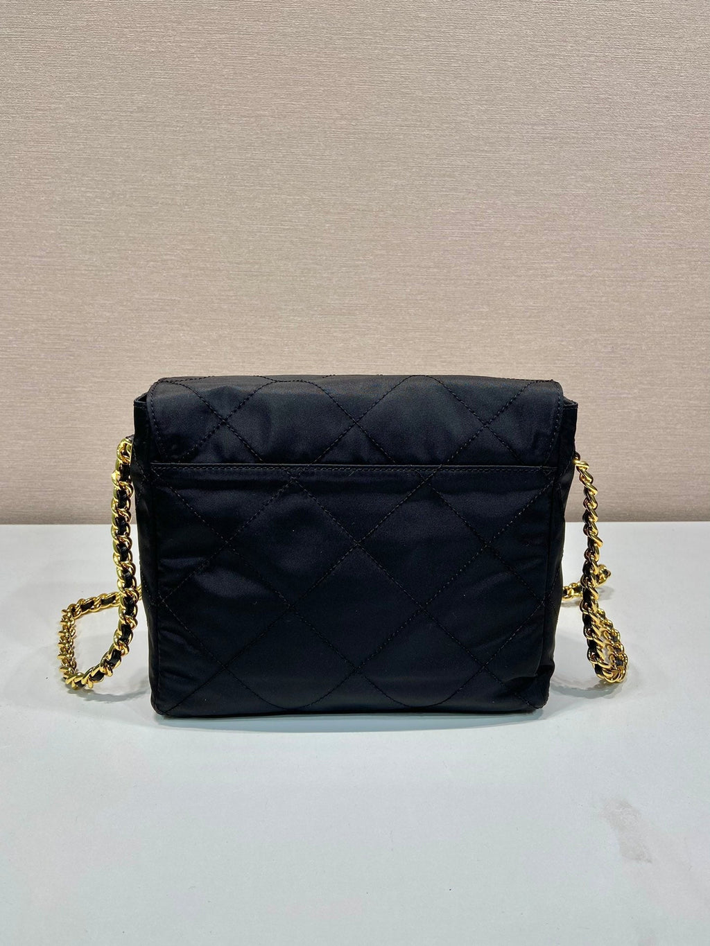 LARGE QUILTED FLAP BAG 23 IN BLACK RE-NYLON FABRIC GOLD CHAIN