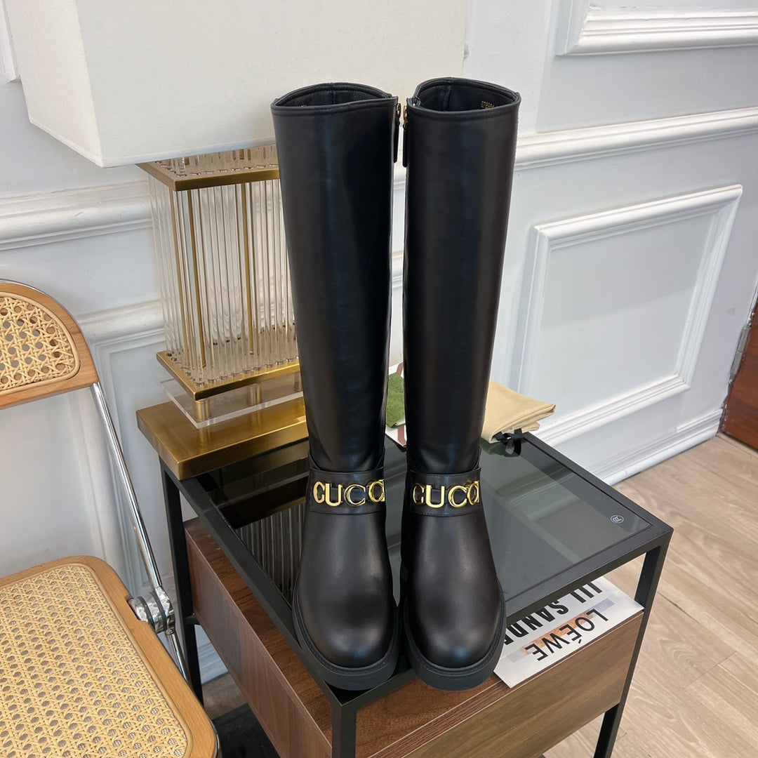 GG CLASSIC LOGO KNEE HIGH BOOTS IN BLACK CALFSKIN