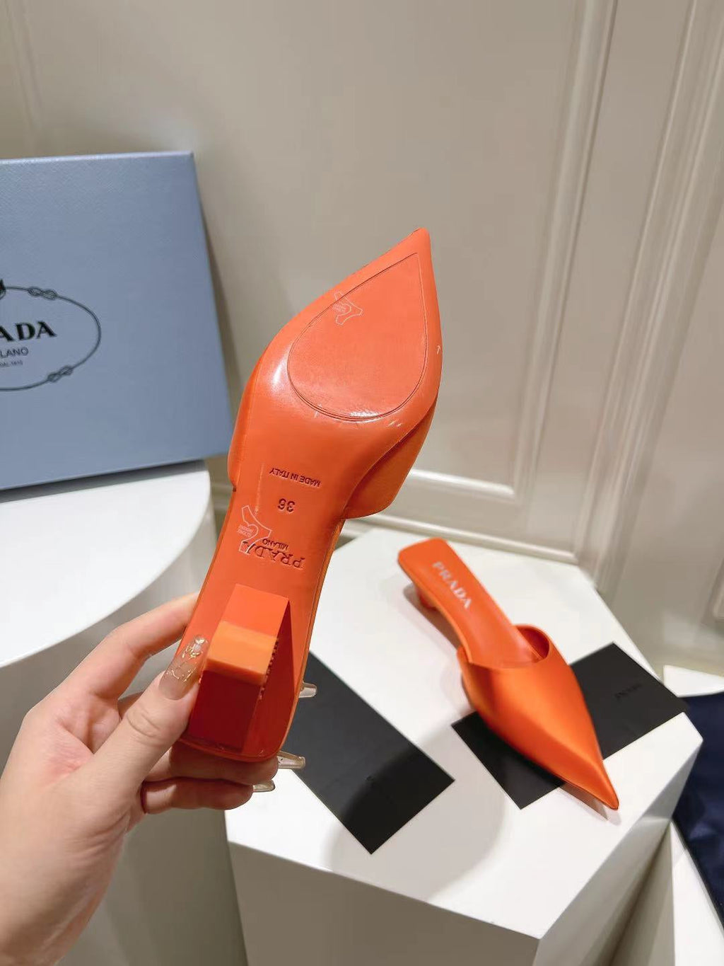 PRA POINTED-TOE MULES BRIGHT ORANGE SATIN