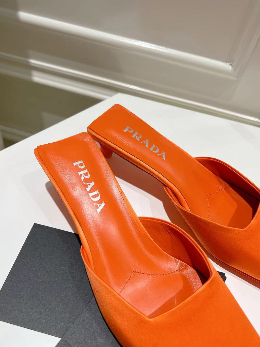 PRA SQUARE TOE MULES BRIGHT ORANGE SATIN