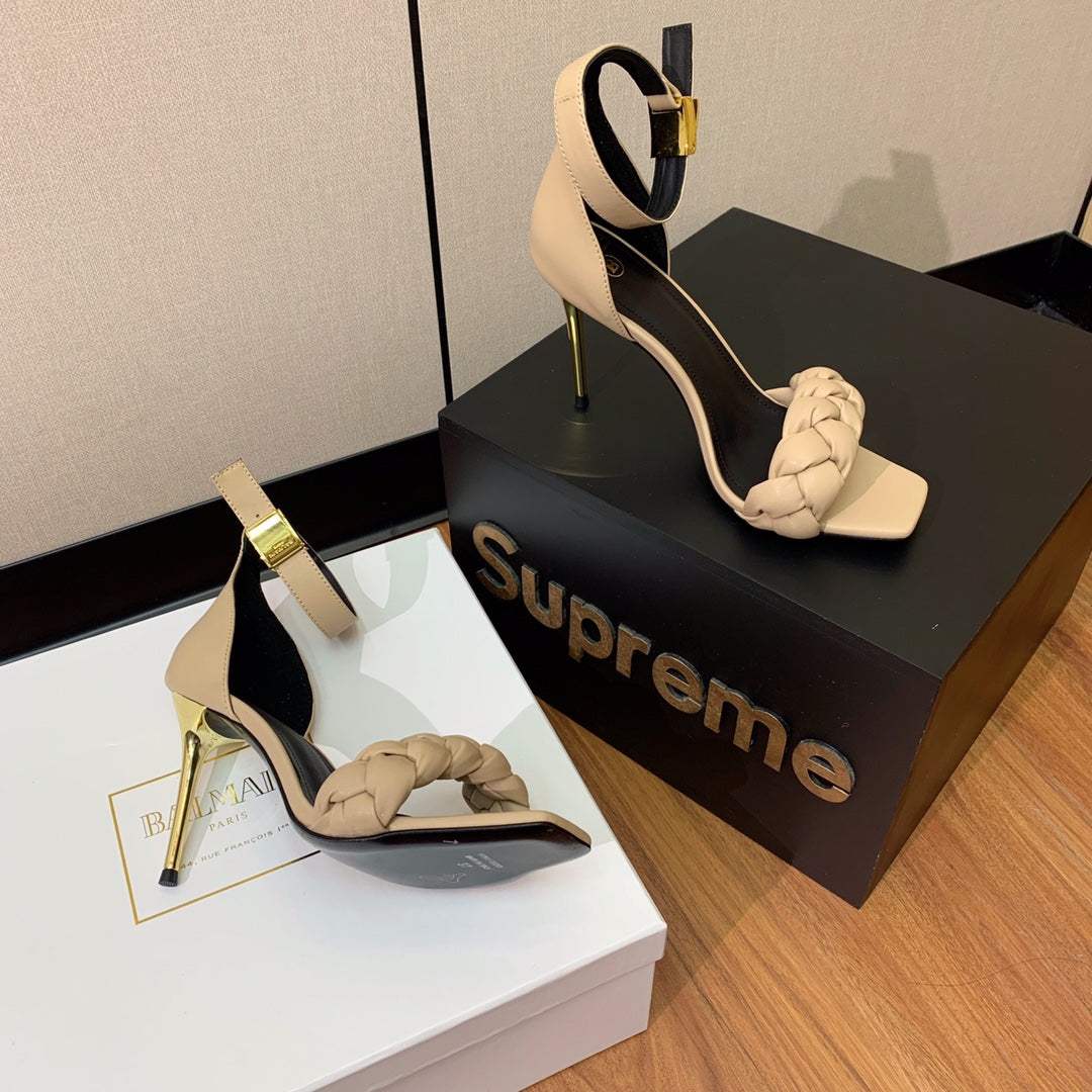 BALMAIN 25S ANKLE STRAP HIGH HEEL 95MM IN BEIGE GRAY CALFSKIN