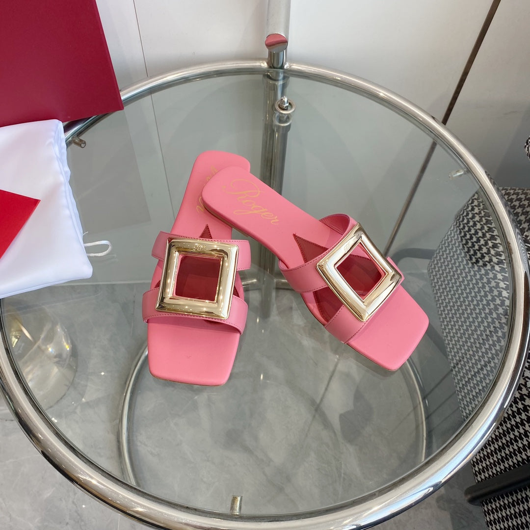 VIV' BY THE SEA LOVE METAL MULES IN PINK CALFSKIN GOLD BUCKLE