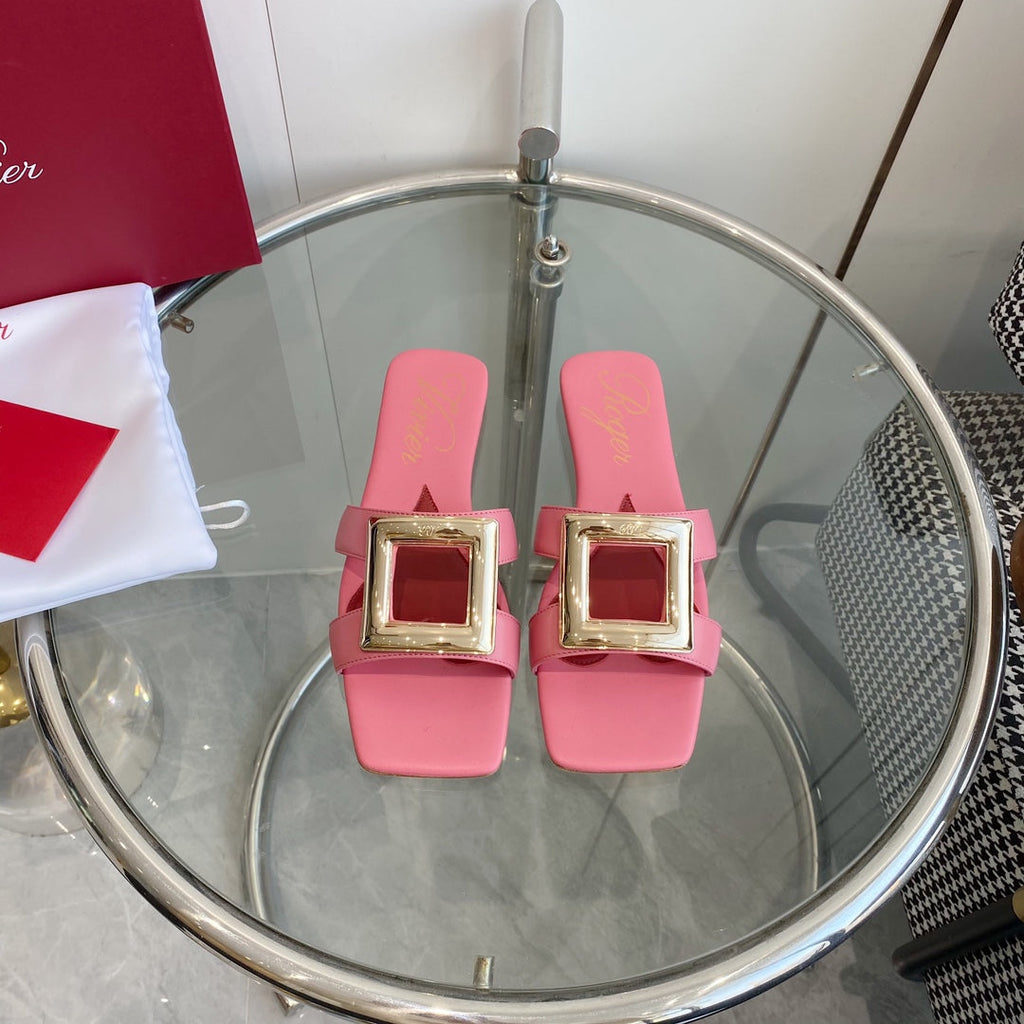 VIV' BY THE SEA LOVE METAL MULES IN PINK CALFSKIN GOLD BUCKLE