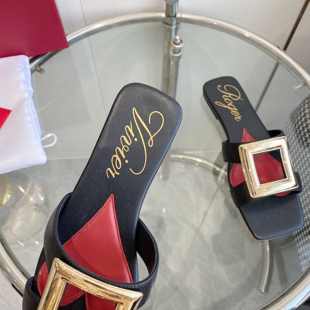 VIV' BY THE SEA LOVE METAL MULES IN BLACK CALFSKIN GOLD BUCKLE