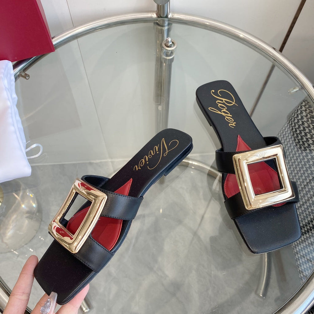 VIV' BY THE SEA LOVE METAL MULES IN BLACK CALFSKIN GOLD BUCKLE