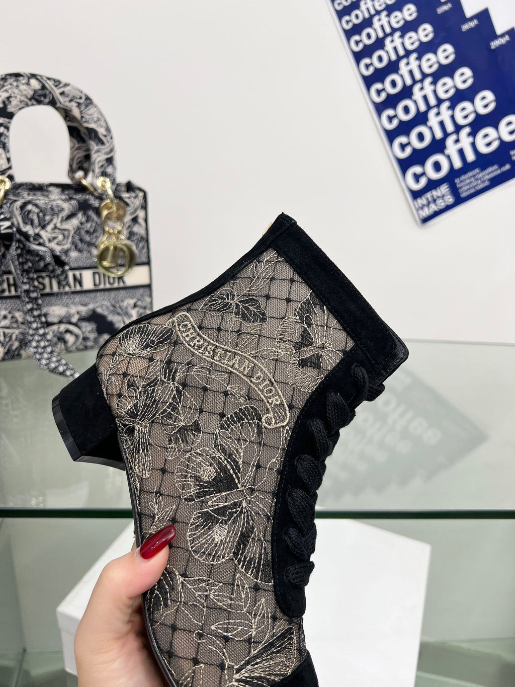 DIOR 25S NAUGHTILY-D ANKLE BOOTS 35 MM IN BLACK MESH TULLE AND SUEDE