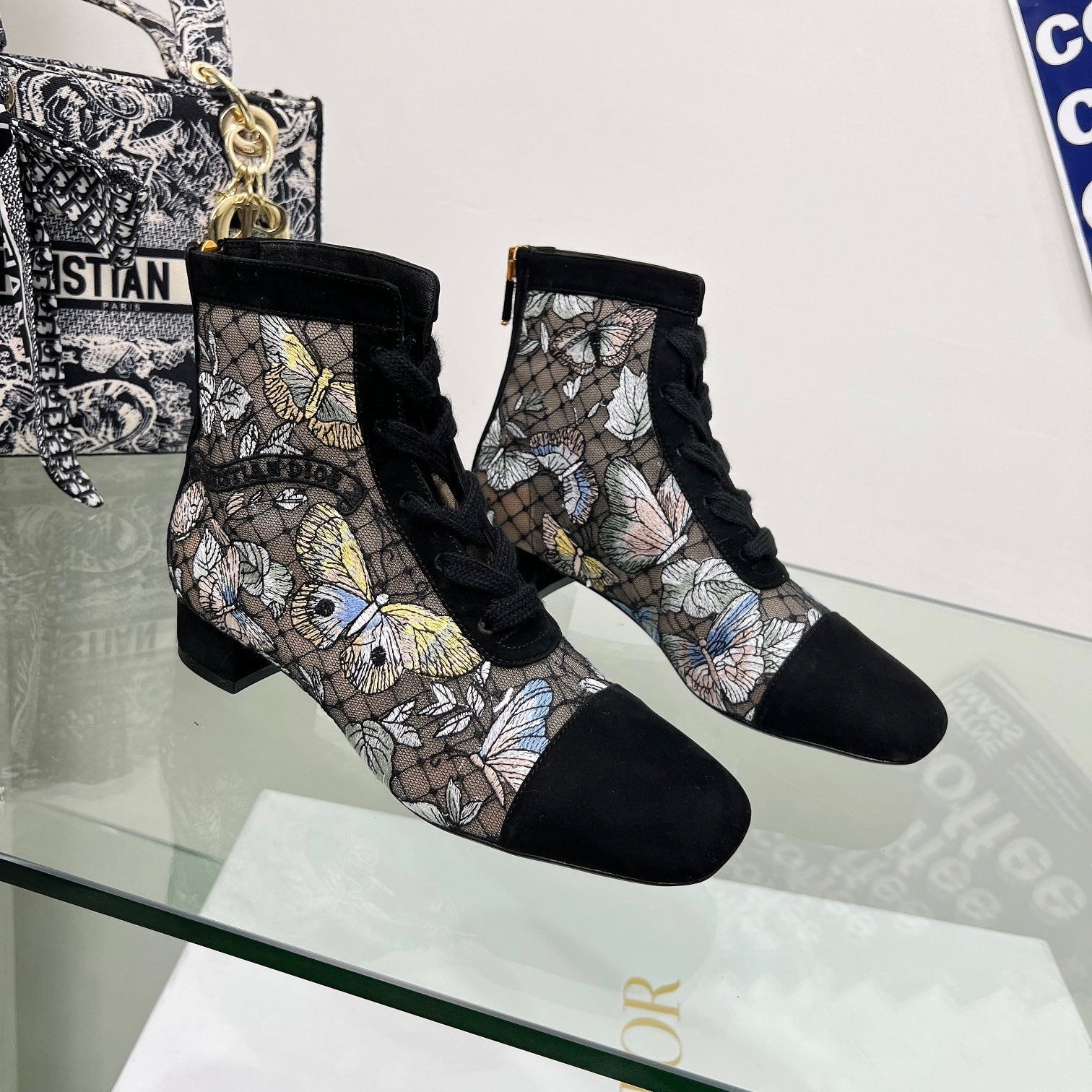 DIOR 25S NAUGHTILY-D ANKLE BOOTS 35 MM IN BLACK MESH TULLE AND SUEDE STYLE 3