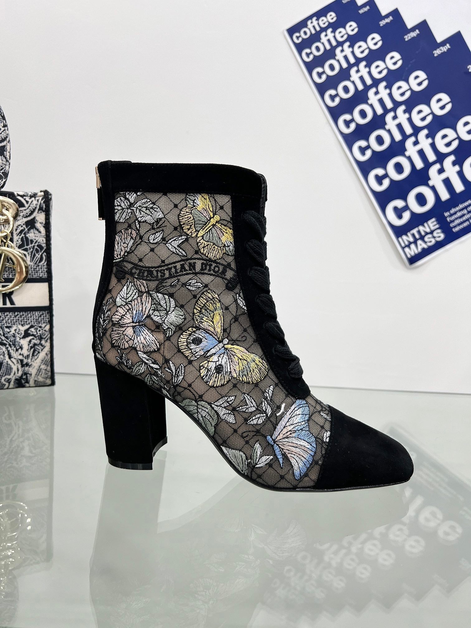 DIOR 25S NAUGHTILY-D ANKLE BOOTS 80 MM IN BLACK MESH TULLE AND SUEDE STYLE 2