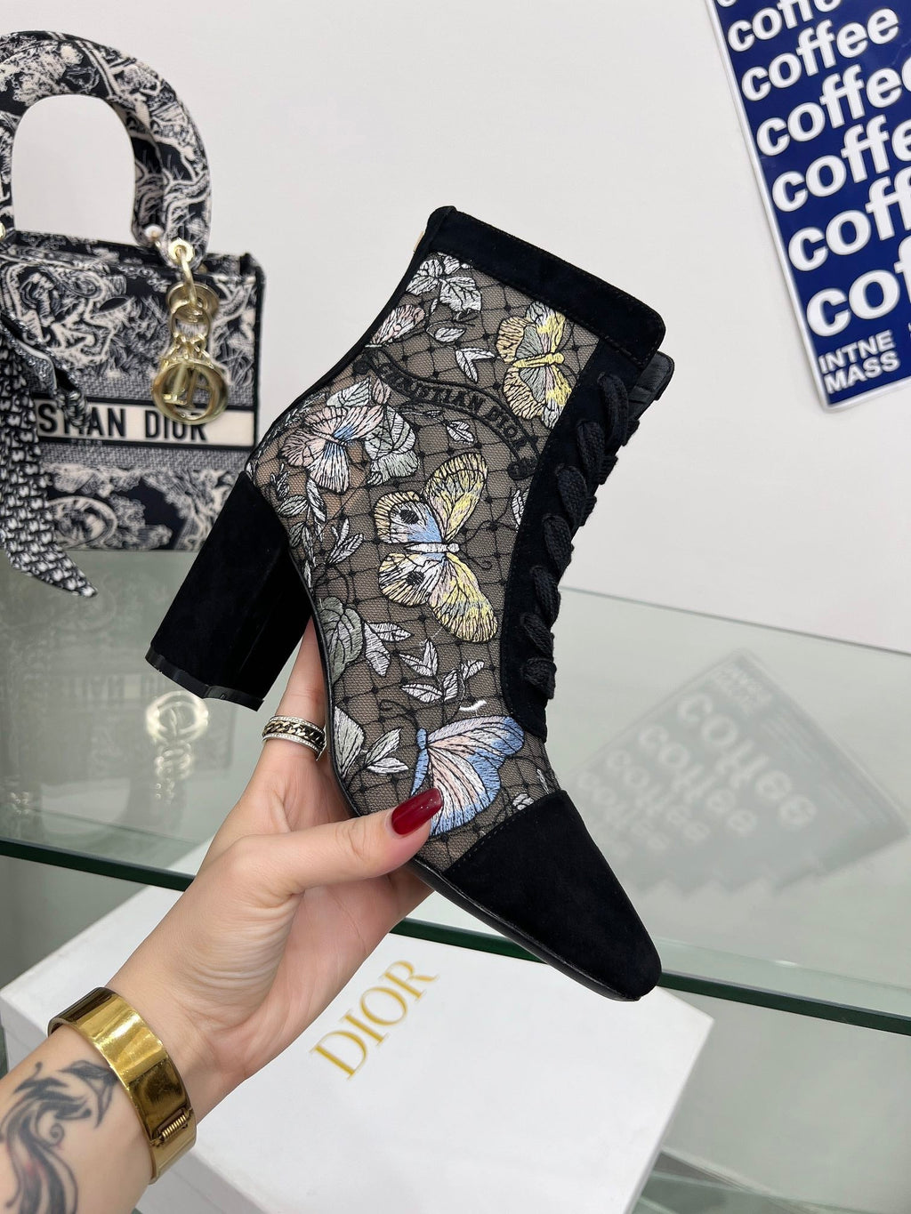 DIOR 25S NAUGHTILY-D ANKLE BOOTS 80 MM IN BLACK MESH TULLE AND SUEDE STYLE 2