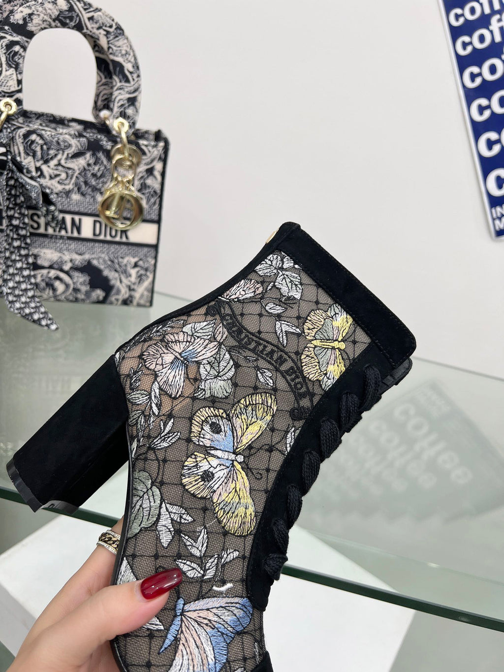 DIOR 25S NAUGHTILY-D ANKLE BOOTS 80 MM IN BLACK MESH TULLE AND SUEDE STYLE 2