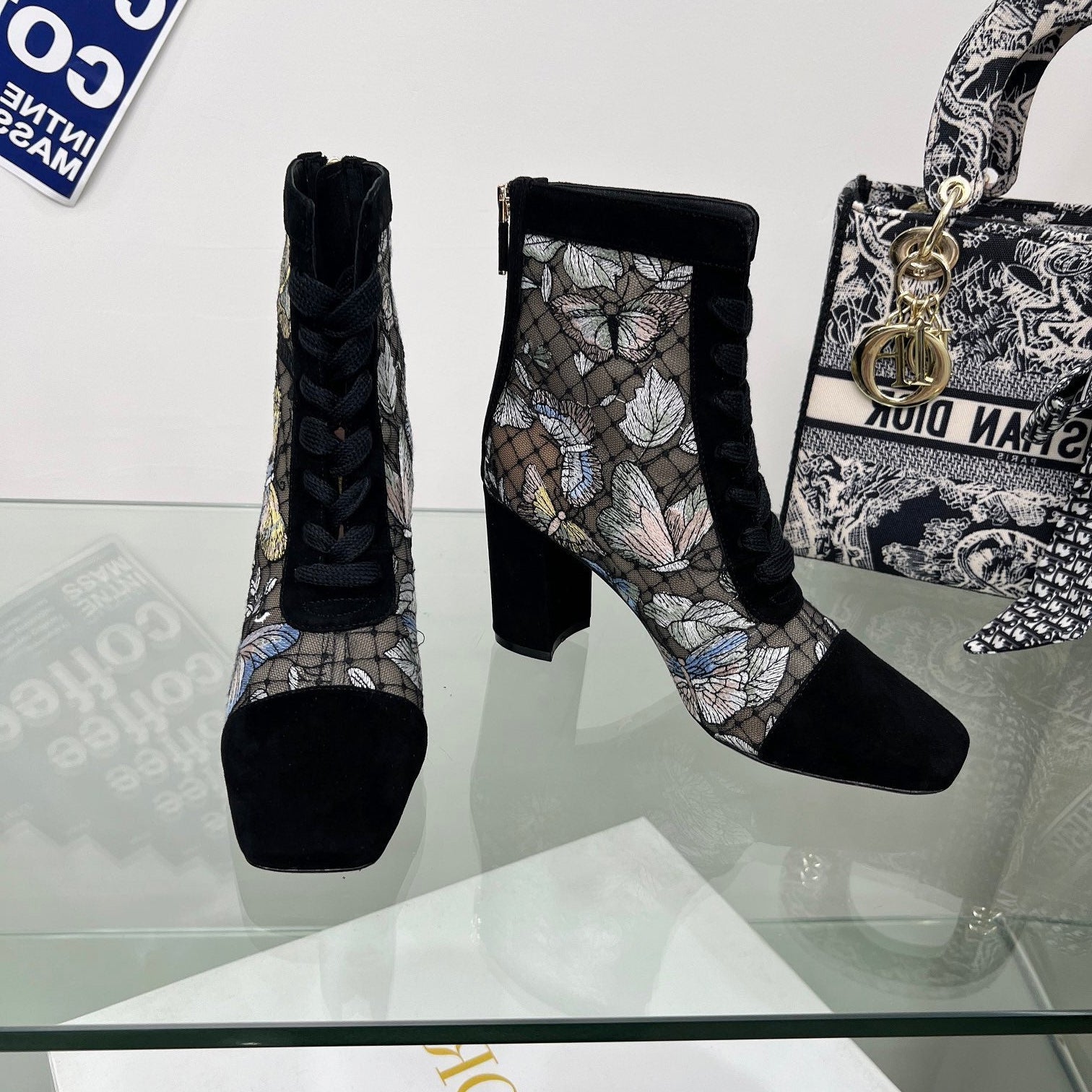 DIOR 25S NAUGHTILY-D ANKLE BOOTS 80 MM IN BLACK MESH TULLE AND SUEDE STYLE 2