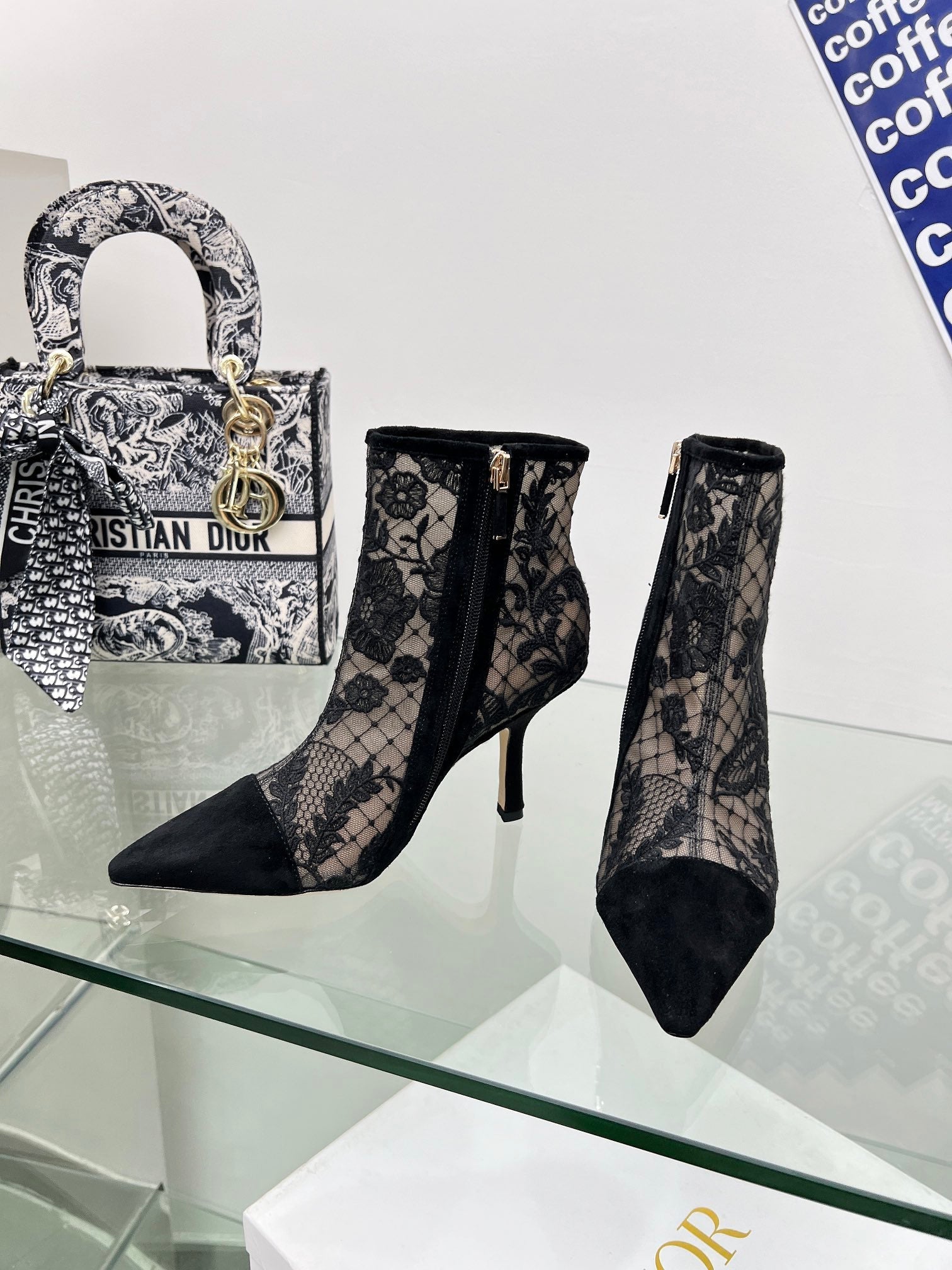 DIOR 25S POINTED-TOE ANKLE BOOTS 95 MM IN BLACK MESH TULLE AND SUEDE STYLE 1