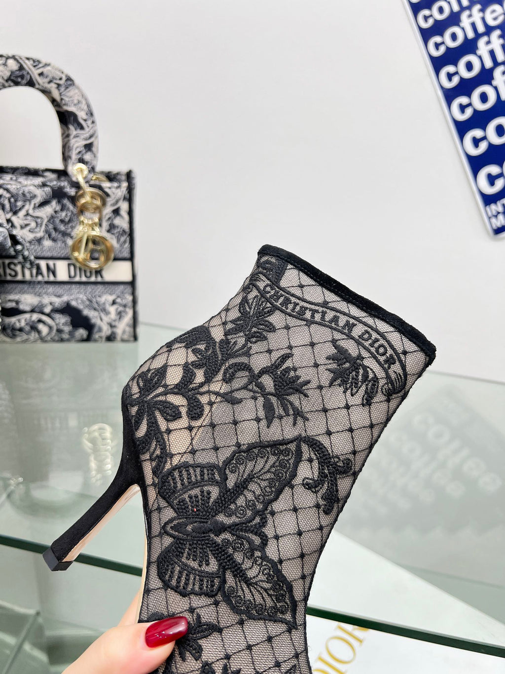 DIOR 25S POINTED-TOE ANKLE BOOTS 95 MM IN BLACK MESH TULLE AND SUEDE STYLE 1