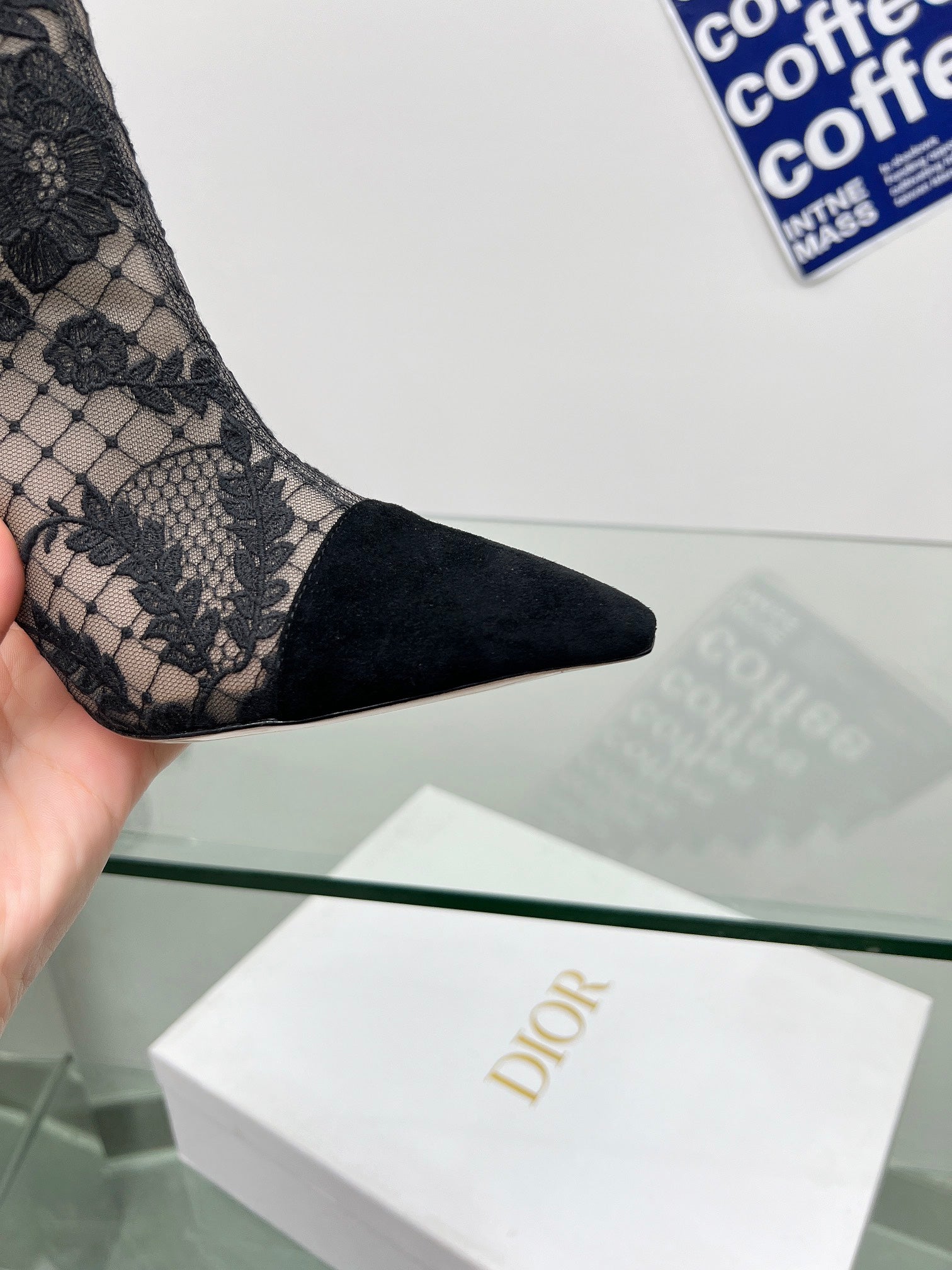 DIOR 25S POINTED-TOE ANKLE BOOTS 95 MM IN BLACK MESH TULLE AND SUEDE