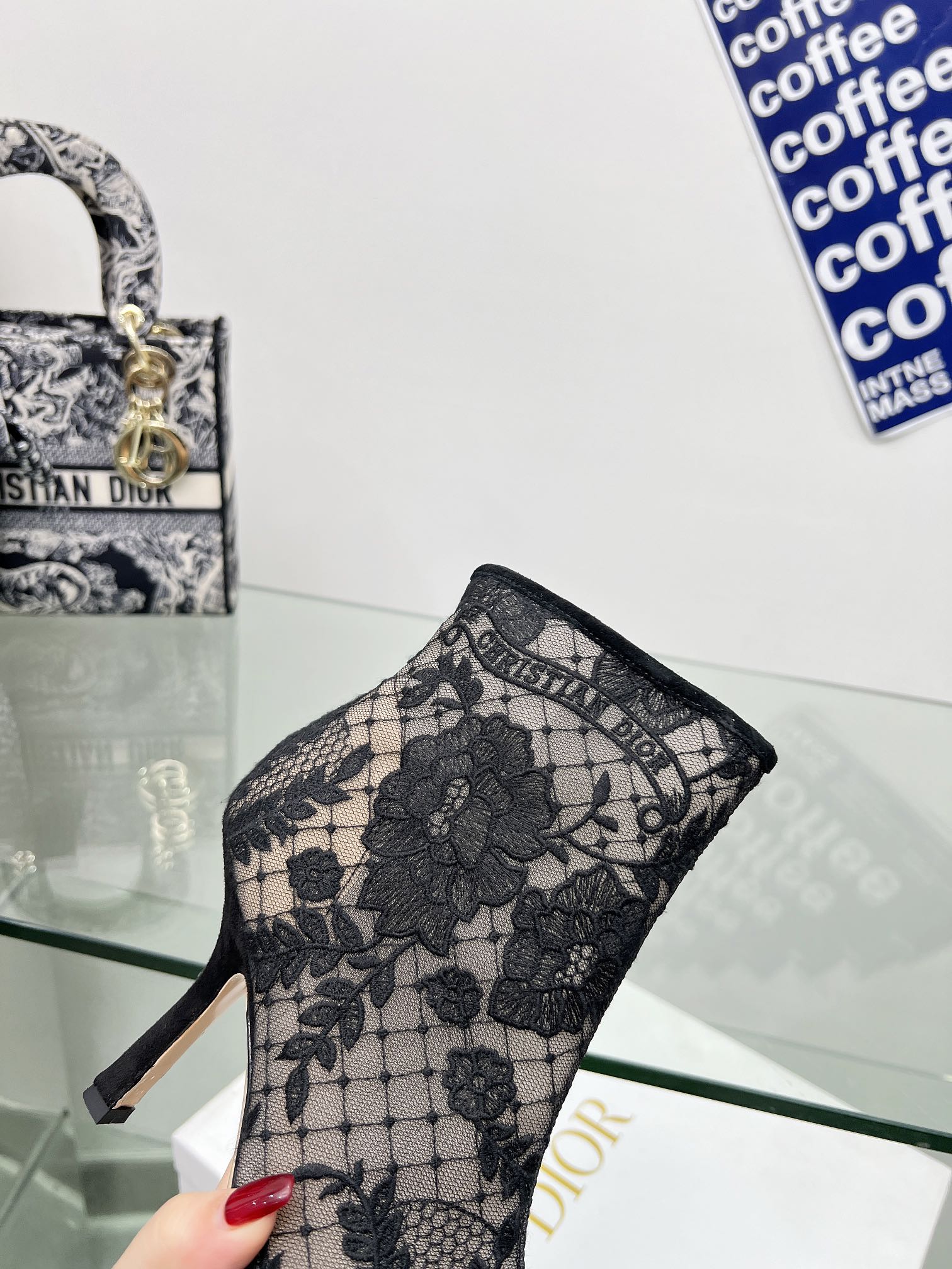 DIOR 25S POINTED-TOE ANKLE BOOTS 95 MM IN BLACK MESH TULLE AND SUEDE