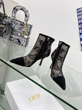 DIOR 25S POINTED-TOE ANKLE BOOTS 95 MM IN BLACK MESH TULLE AND SUEDE