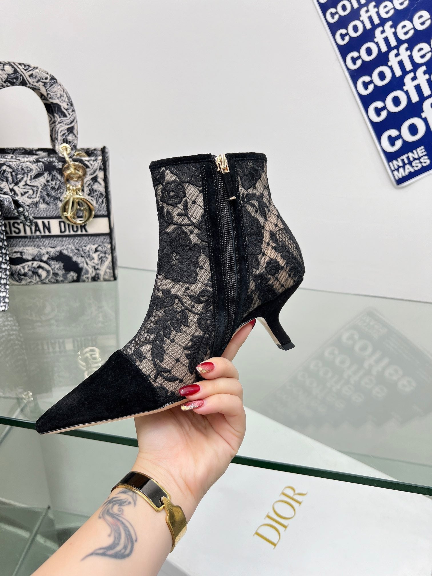 DIOR 25S POINTED-TOE ANKLE BOOTS 50 MM IN BLACK MESH TULLE AND SUEDE