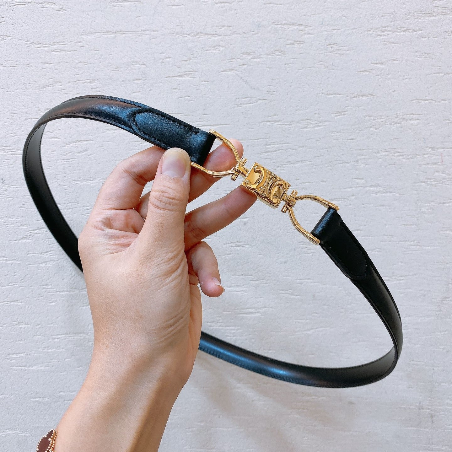 Hook & Loop 20mm TRIOMPHE Logo Square Adjustable Belt Black Calfskin Ghw