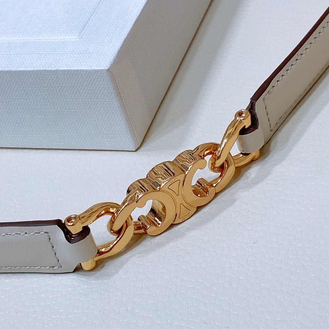 CL SMALL 18 MM GOURMETTE TRIOMPHE ADJUSTABLE BELT IN WHITE LEATHER GOLD HARDWARE