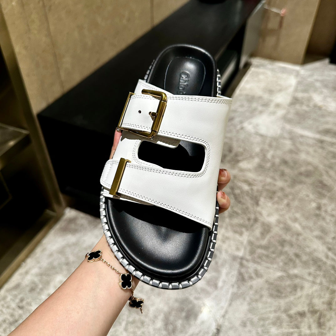 CHLOÉ DAD SANDALS IN WHITE CALFSKIN WITH GOLD HARDWARE