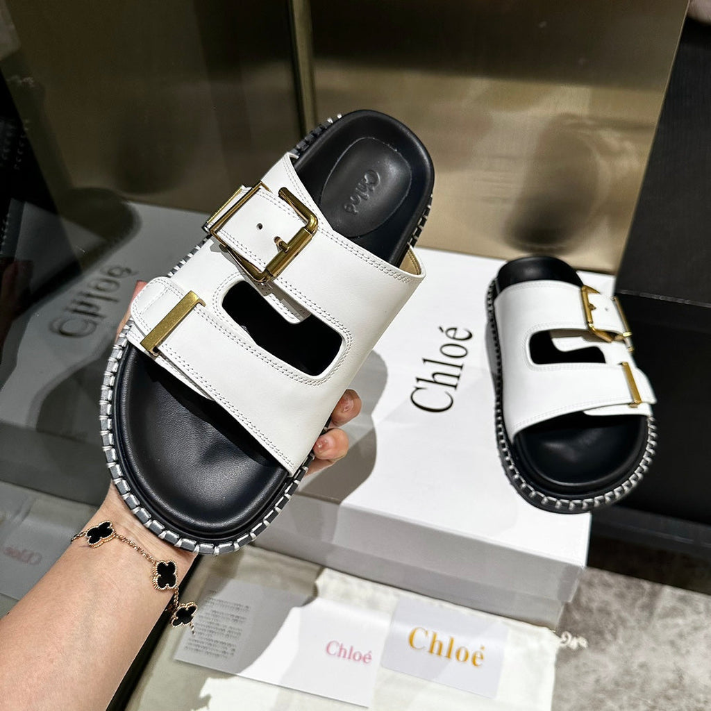 CHLOÉ DAD SANDALS IN WHITE CALFSKIN WITH GOLD HARDWARE